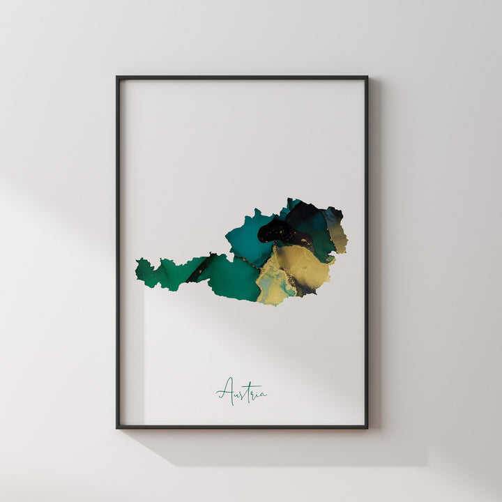 Austria Map Emerald Green and Gold Wall Art Print