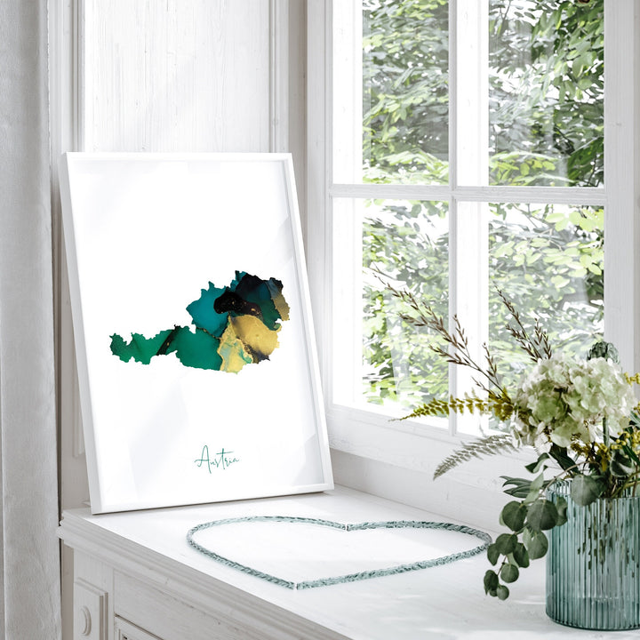 Austria Map Emerald Green and Gold Wall Art Print