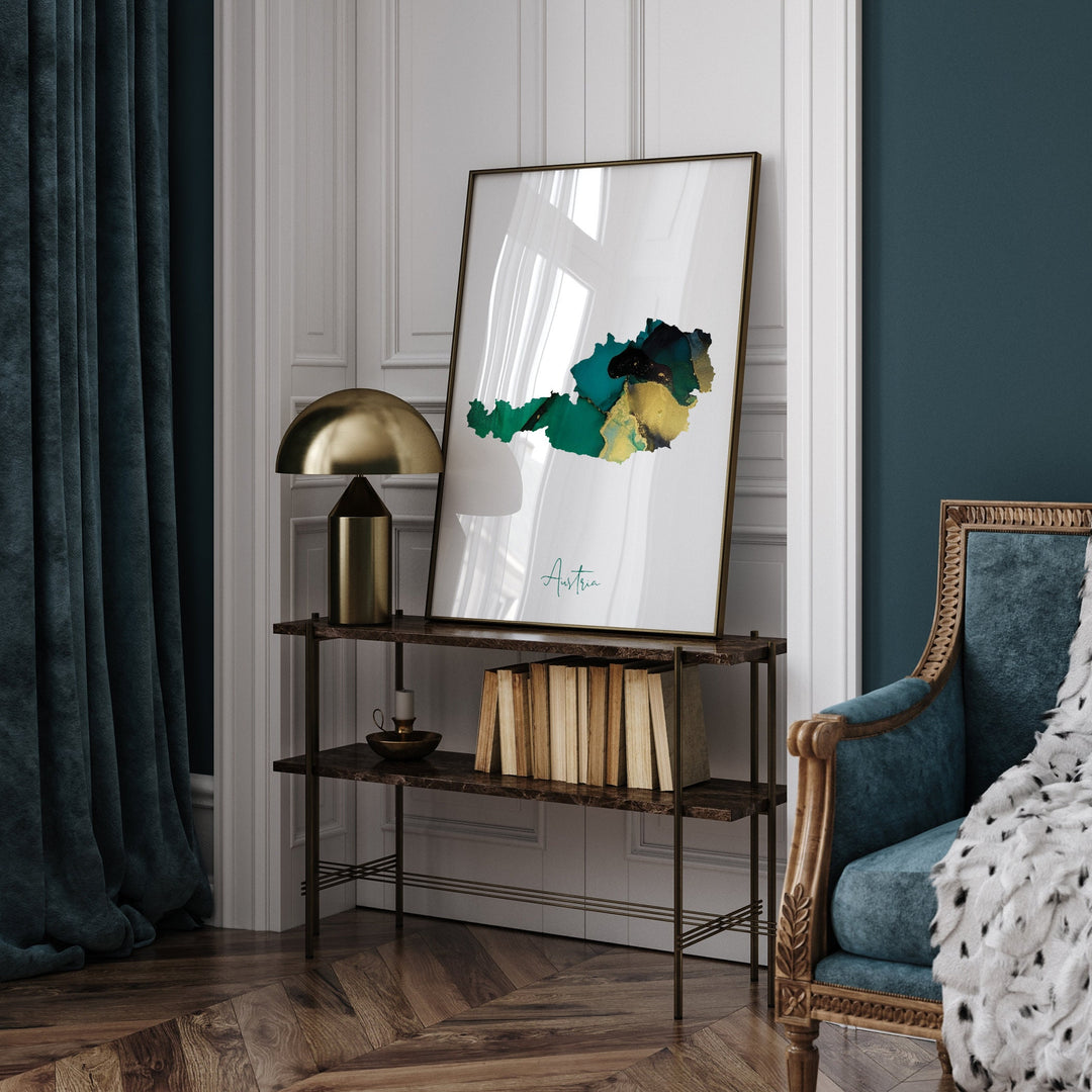 Austria Map Emerald Green and Gold Wall Art Print