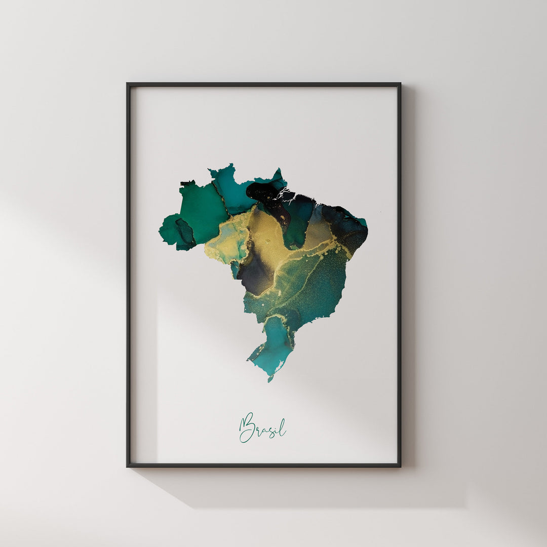 Brazil Map Emerald Green and Gold Wall Art Print