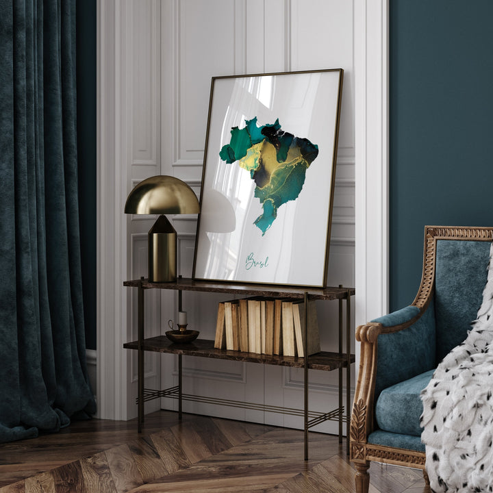 Brazil Map Emerald Green and Gold Wall Art Print