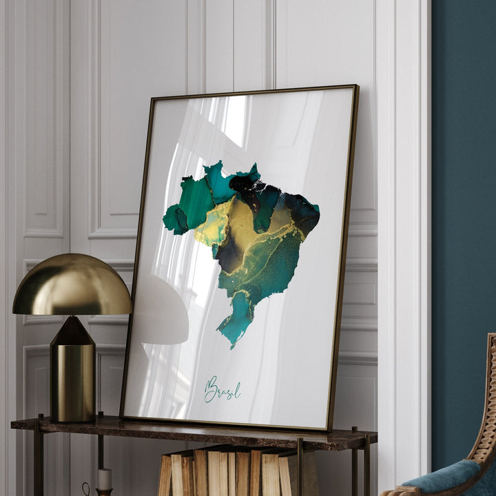 Brazil Map Emerald Green and Gold Wall Art Print