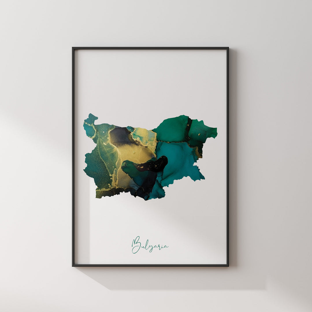 Bulgaria Map Emerald Green and Gold Wall Art Print