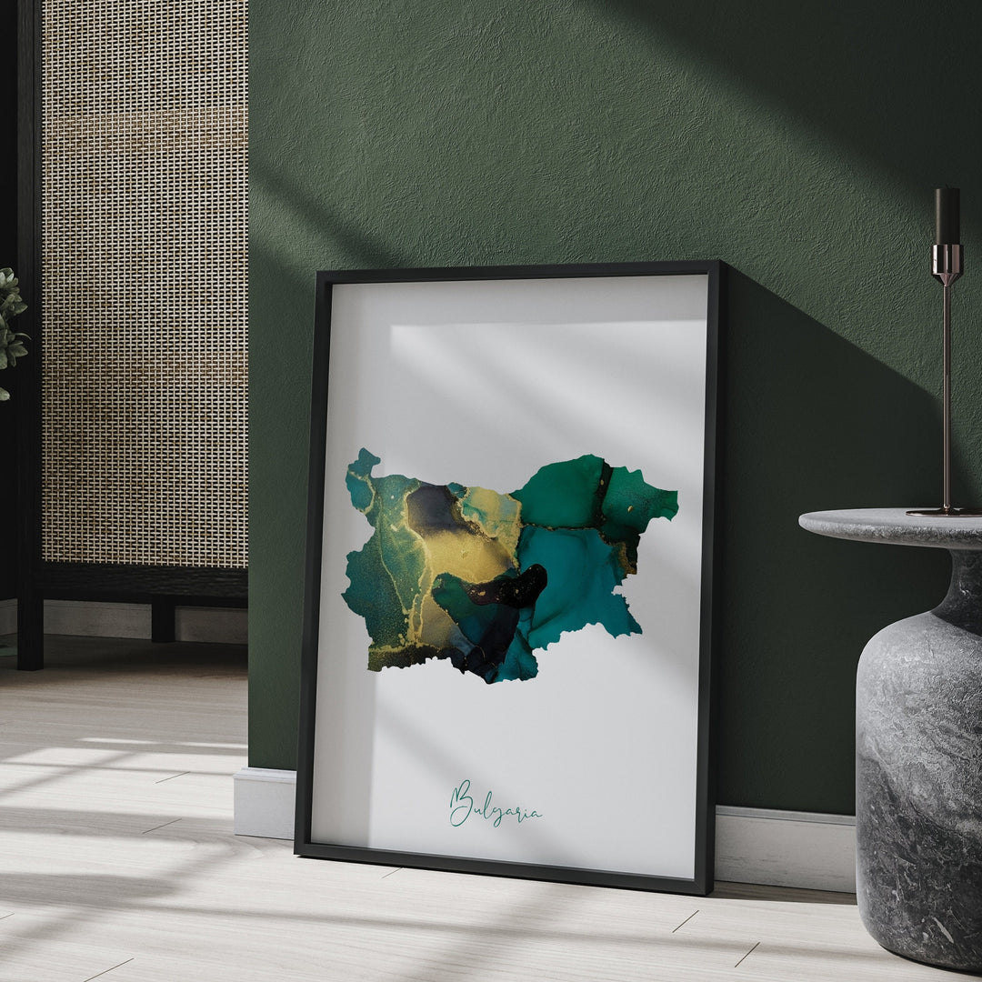 Bulgaria Map Emerald Green and Gold Wall Art Print