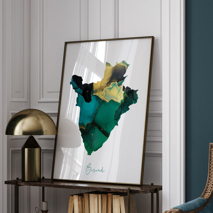 Burundi Map Emerald Green and Gold Wall Art Print