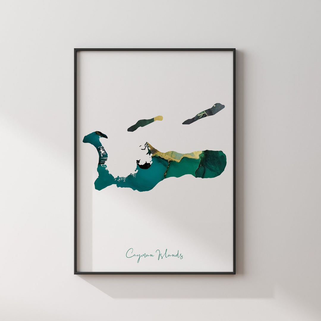 Cayman Islands Map Emerald Green and Gold Wall Art Print
