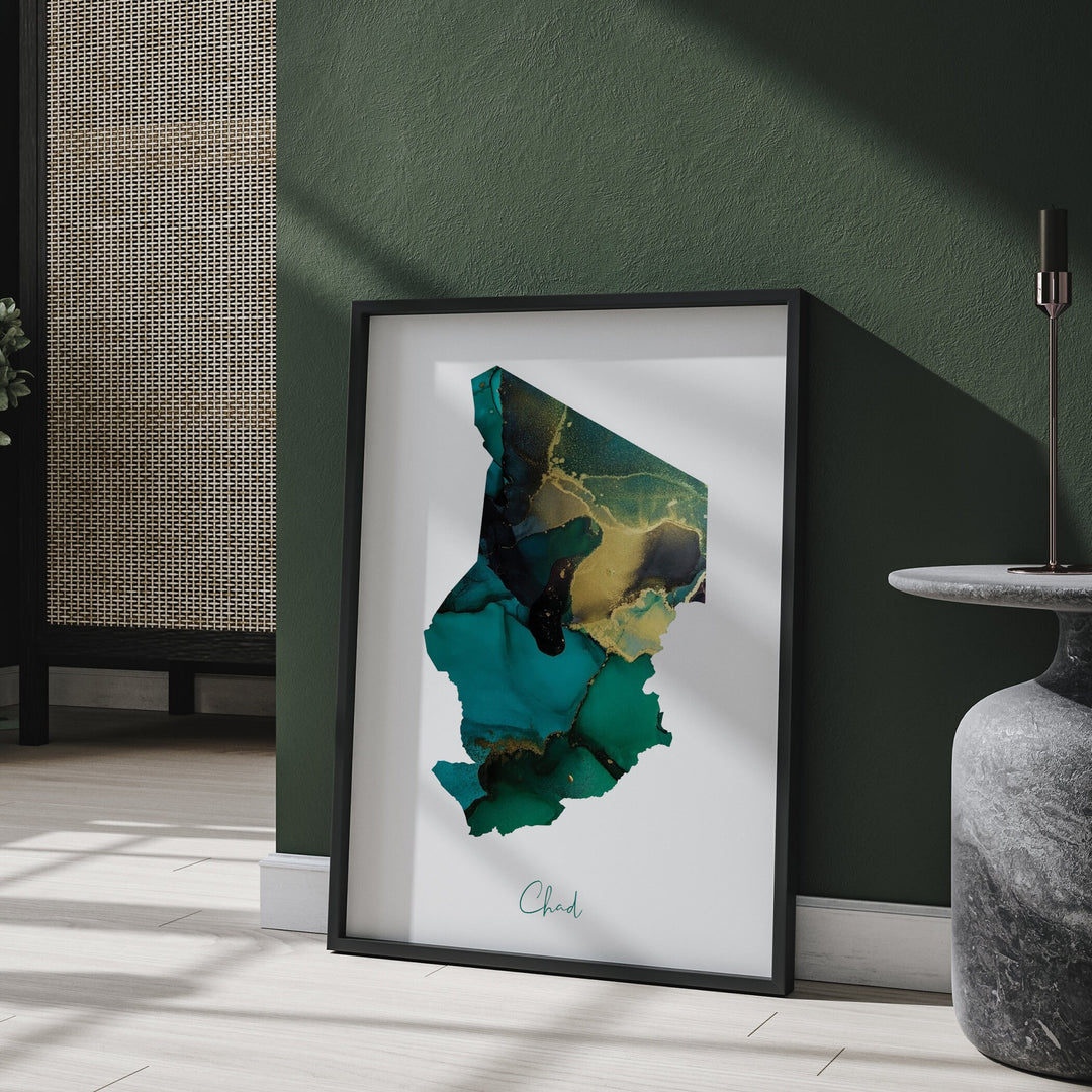 Chad Map Emerald Green and Gold Wall Art Print