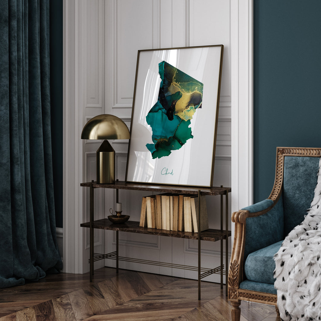 Chad Map Emerald Green and Gold Wall Art Print