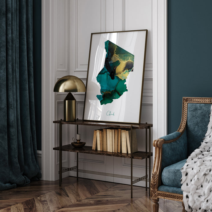 Chad Map Emerald Green and Gold Wall Art Print