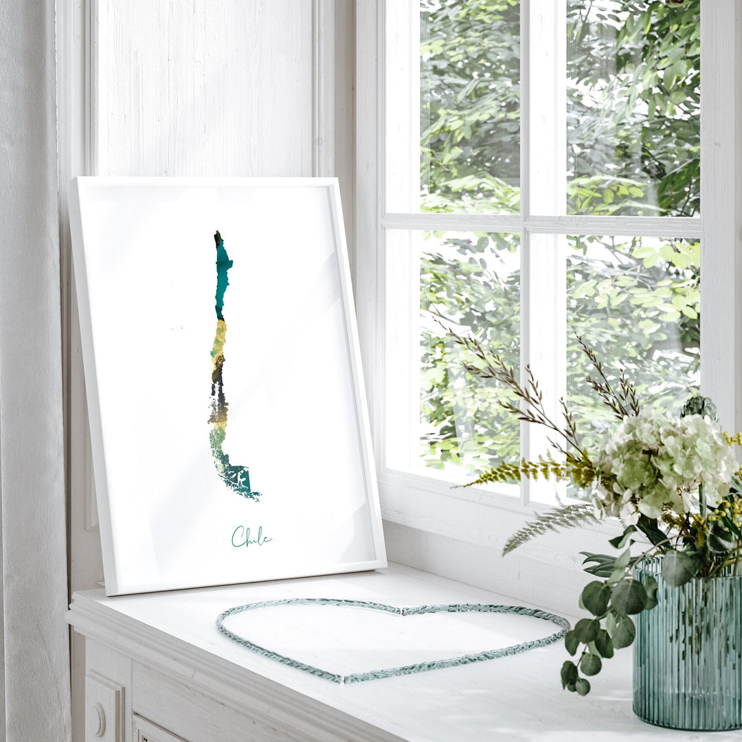 Chile Map Emerald Green and Gold Wall Art Print