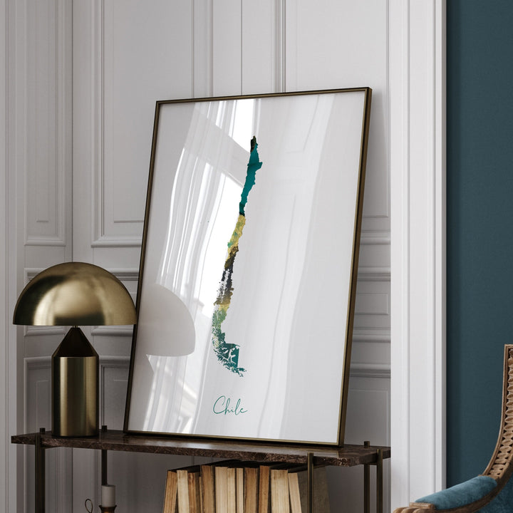 Chile Map Emerald Green and Gold Wall Art Print