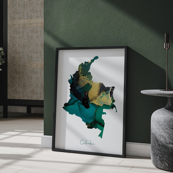 Colombia Map Emerald Green and Gold Wall Art Print