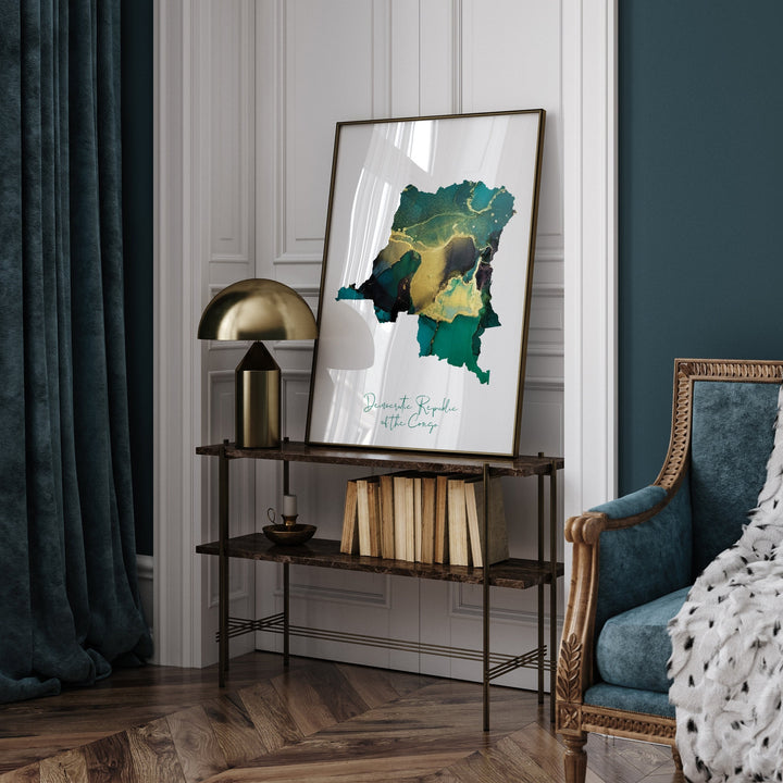 Congo Map Emerald Green and Gold Wall Art Print