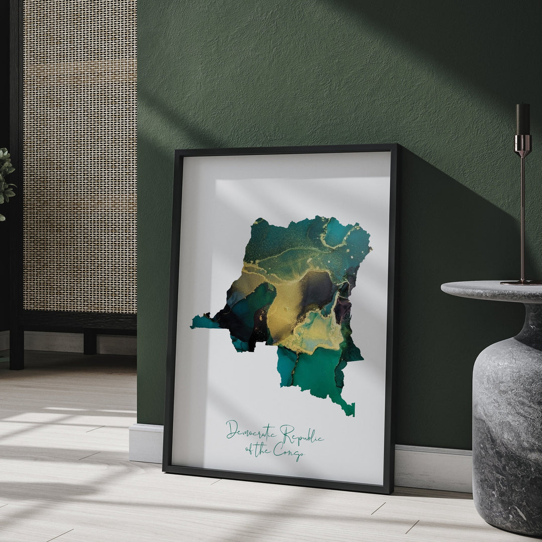 Congo Map Emerald Green and Gold Wall Art Print