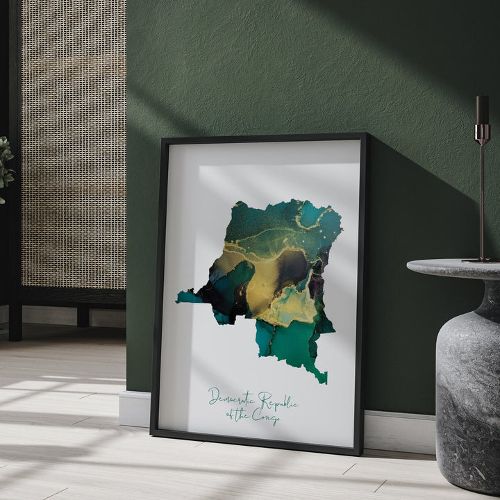 Congo Map Emerald Green and Gold Wall Art Print