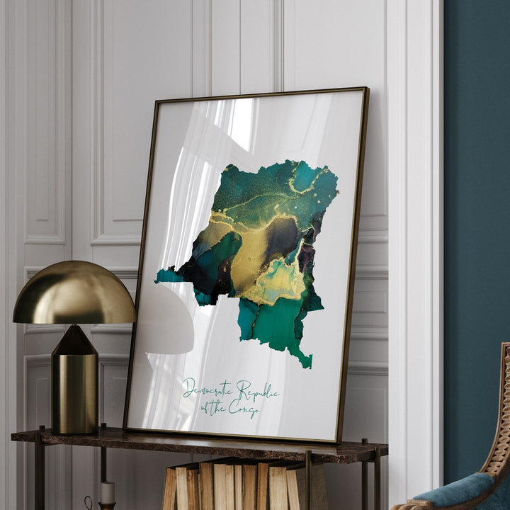 Congo Map Emerald Green and Gold Wall Art Print