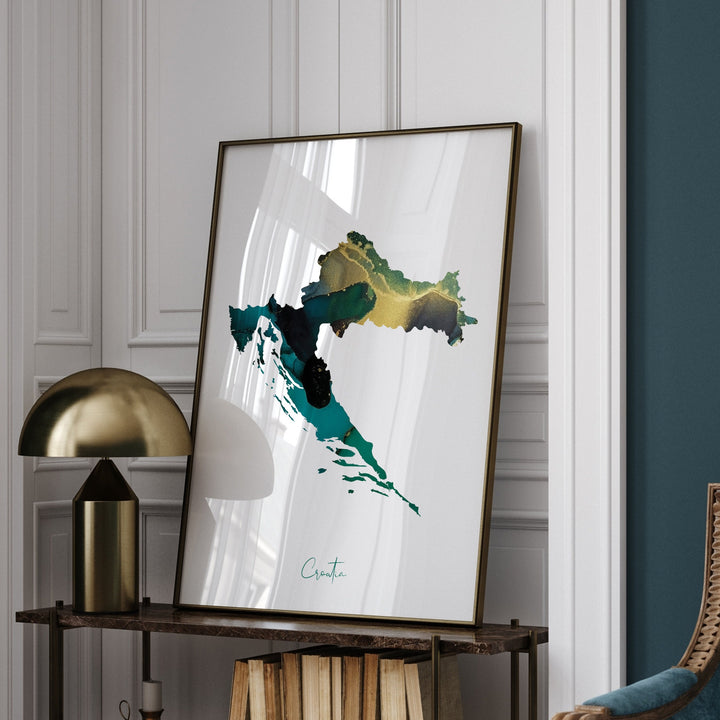 Croatia Map Emerald Green and Gold Wall Art Print
