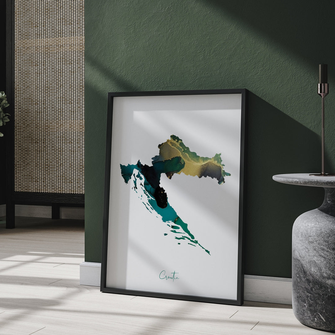 Croatia Map Emerald Green and Gold Wall Art Print