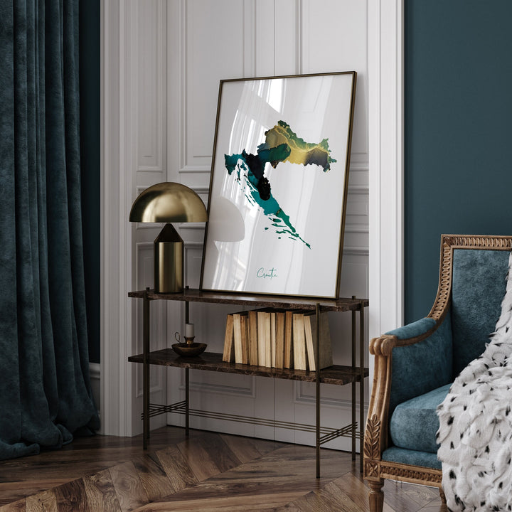 Croatia Map Emerald Green and Gold Wall Art Print