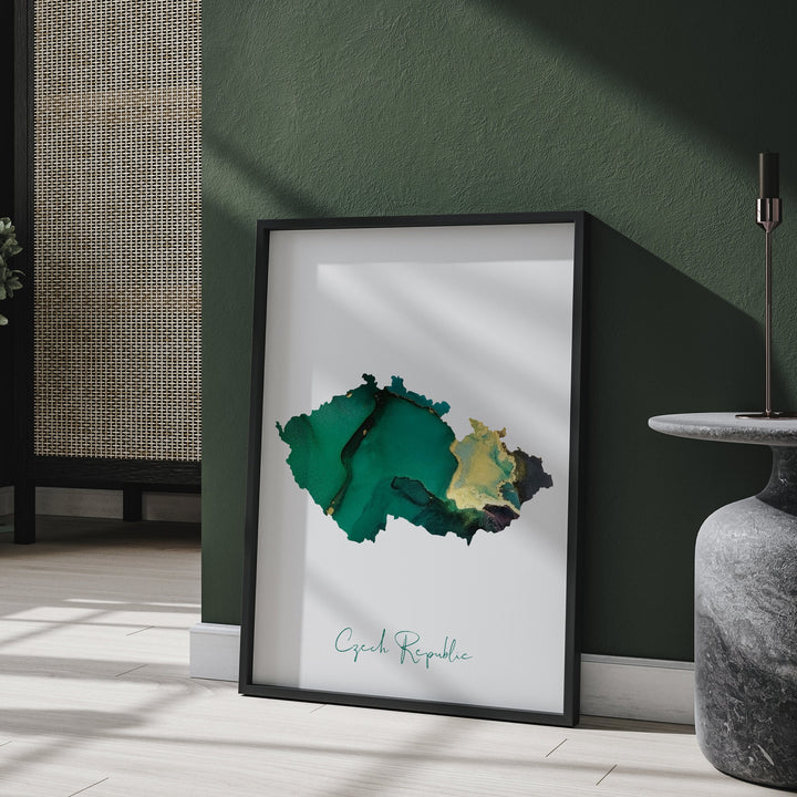 Czech Republic Map Emerald Green and Gold Wall Art Print