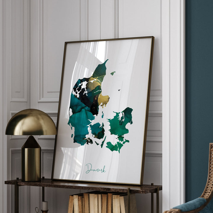 Denmark Map Emerald Green and Gold Wall Art Print