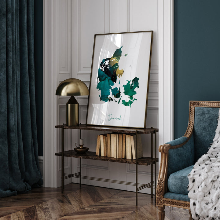 Denmark Map Emerald Green and Gold Wall Art Print