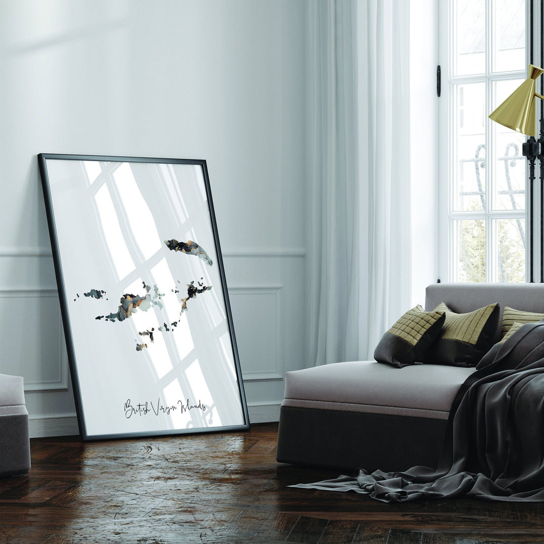British Virgin Islands Map Black & Gold Wall Art Print