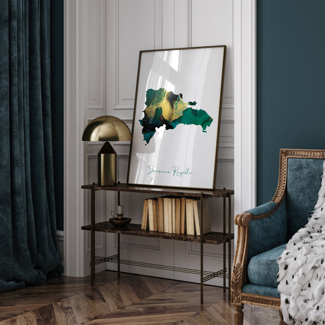 Dominican Republic Map Emerald Green and Gold Wall Art Print