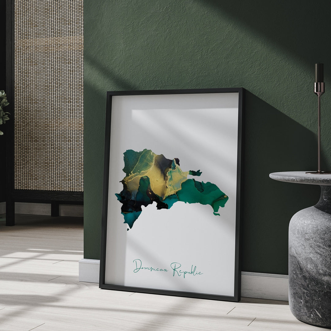 Dominican Republic Map Emerald Green and Gold Wall Art Print