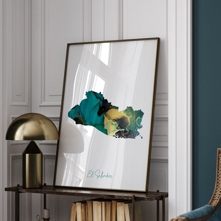 El Salvador Map Emerald Green and Gold Wall Art Print