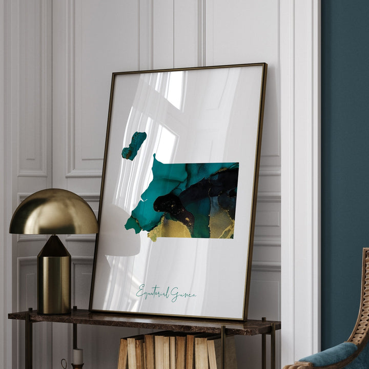 Equatorial Guinea Map Emerald Green and Gold Wall Art Print
