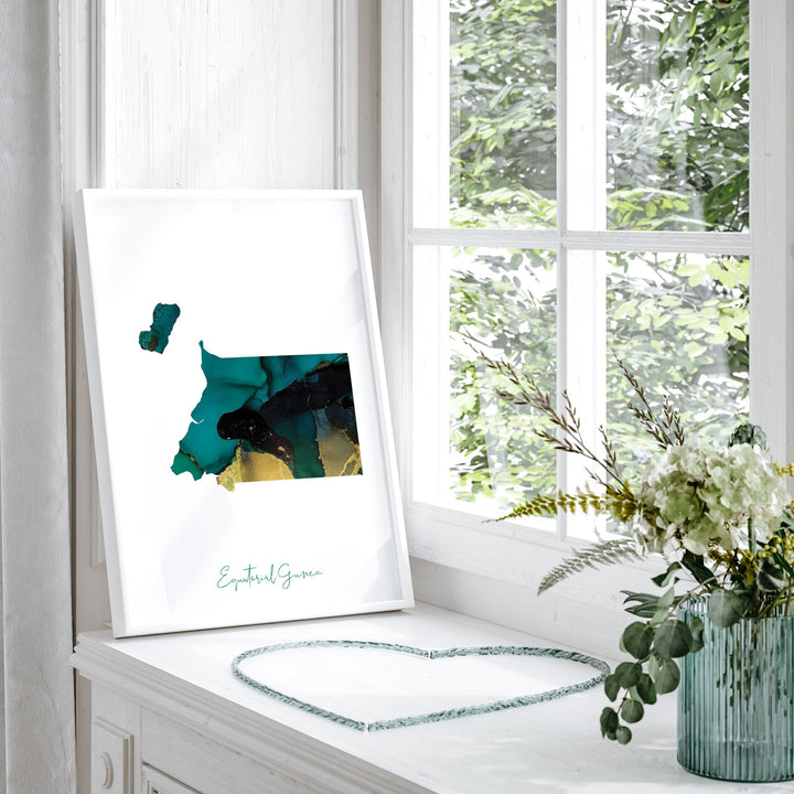 Equatorial Guinea Map Emerald Green and Gold Wall Art Print