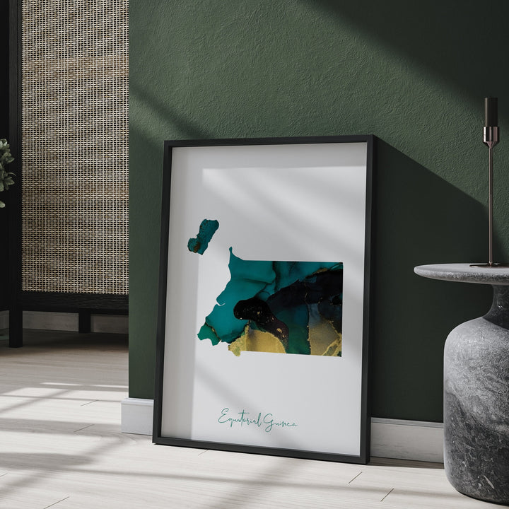 Equatorial Guinea Map Emerald Green and Gold Wall Art Print