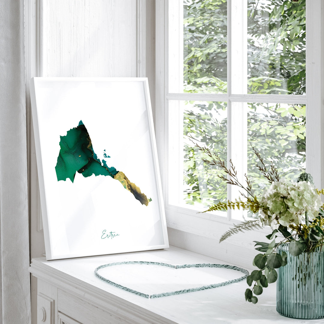 Eritrea Map Emerald Green and Gold Wall Art Print