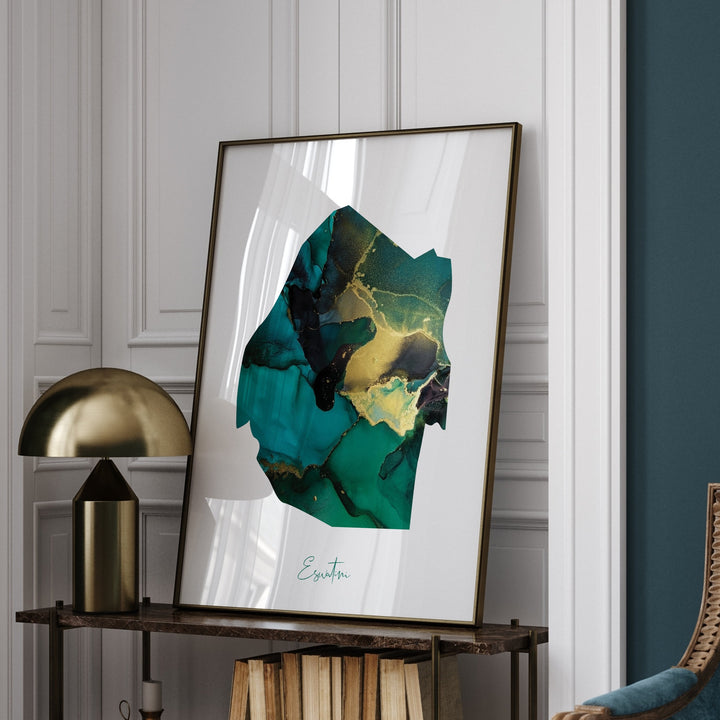 Eswatini Map Emerald Green and Gold Wall Art Print