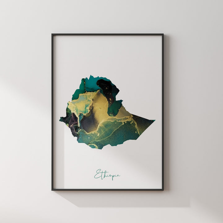 Ethiopia Map Emerald Green and Gold Wall Art Print