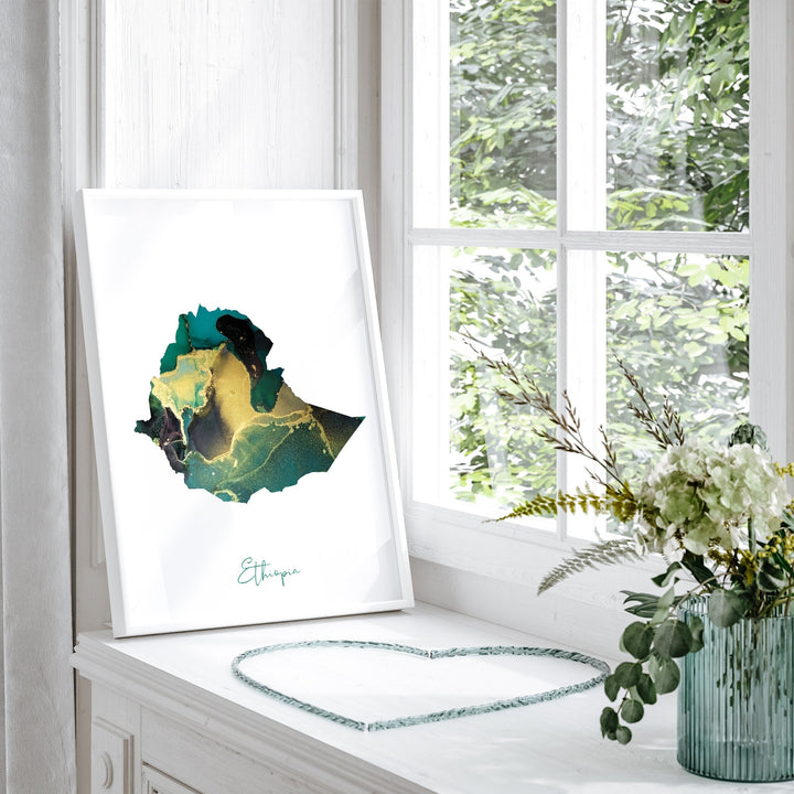 Ethiopia Map Emerald Green and Gold Wall Art Print