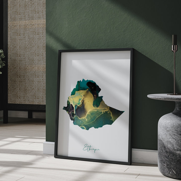Ethiopia Map Emerald Green and Gold Wall Art Print
