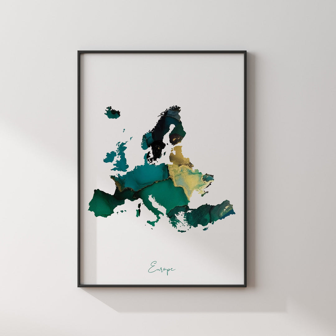 Europe Map Emerald Green and Gold Wall Art Print