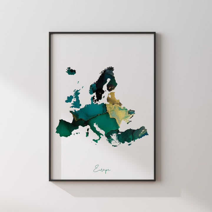 Europe Map Emerald Green and Gold Wall Art Print