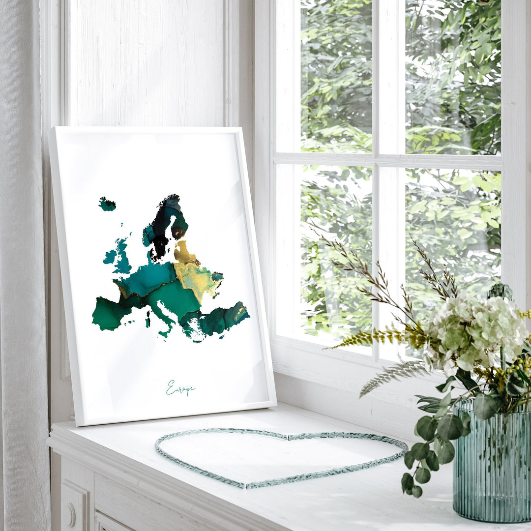 Europe Map Emerald Green and Gold Wall Art Print