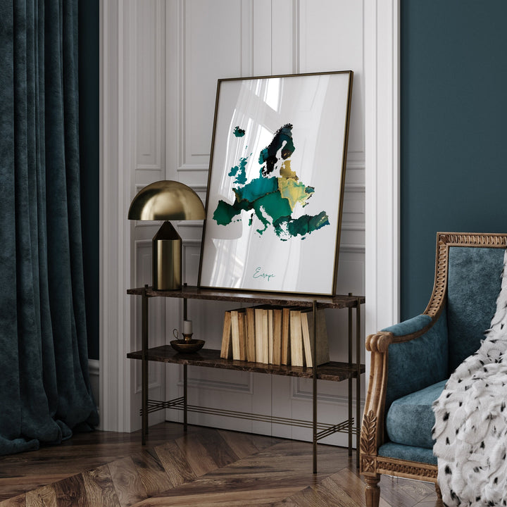 Europe Map Emerald Green and Gold Wall Art Print