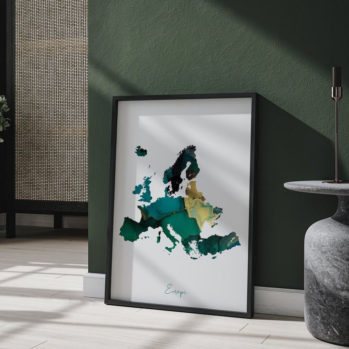 Europe Map Emerald Green and Gold Wall Art Print