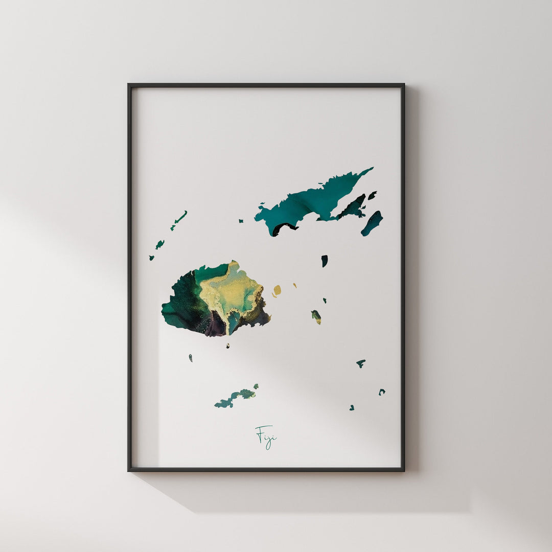 Fiji Map Emerald Green and Gold Wall Art Print