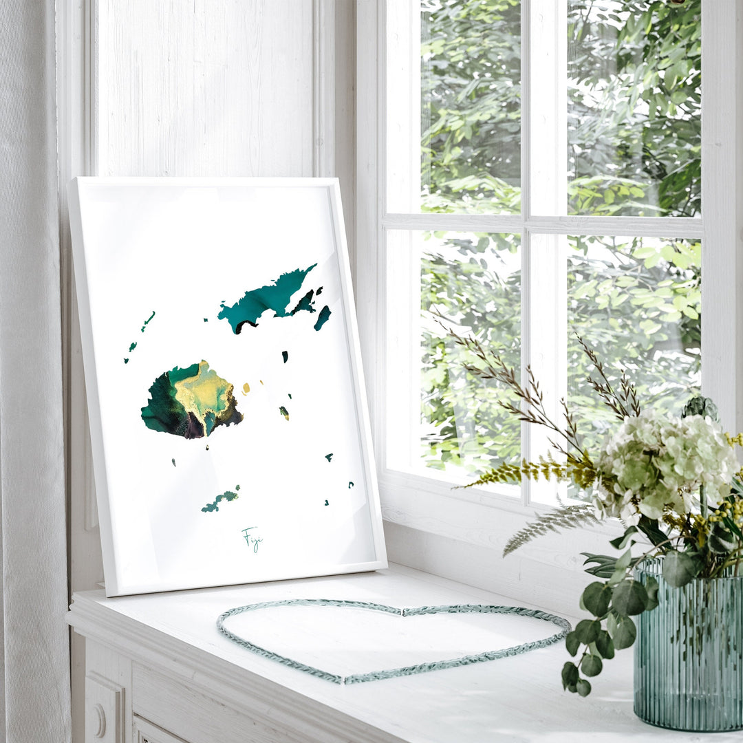 Fiji Map Emerald Green and Gold Wall Art Print