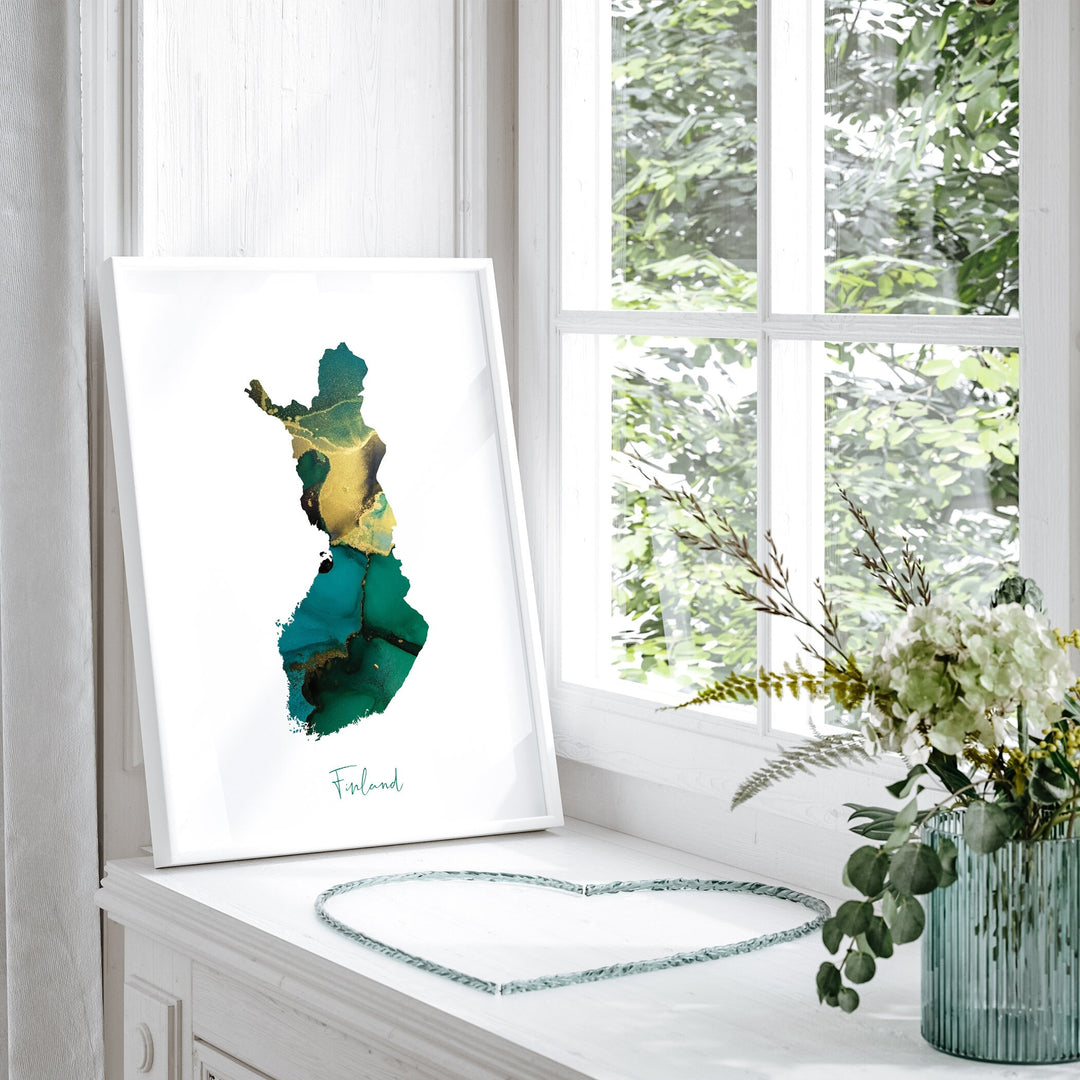 Finland Map Emerald Green and Gold Wall Art Print