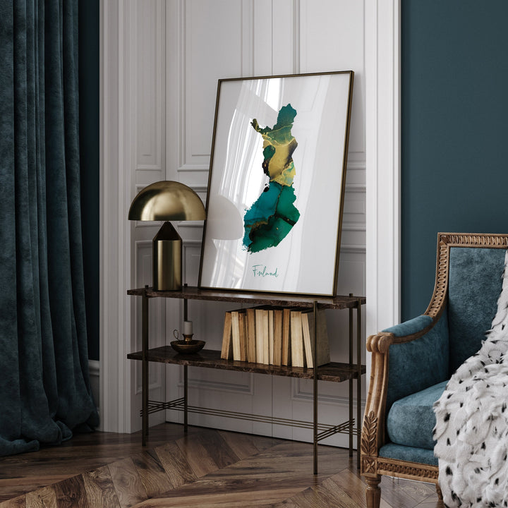 Finland Map Emerald Green and Gold Wall Art Print