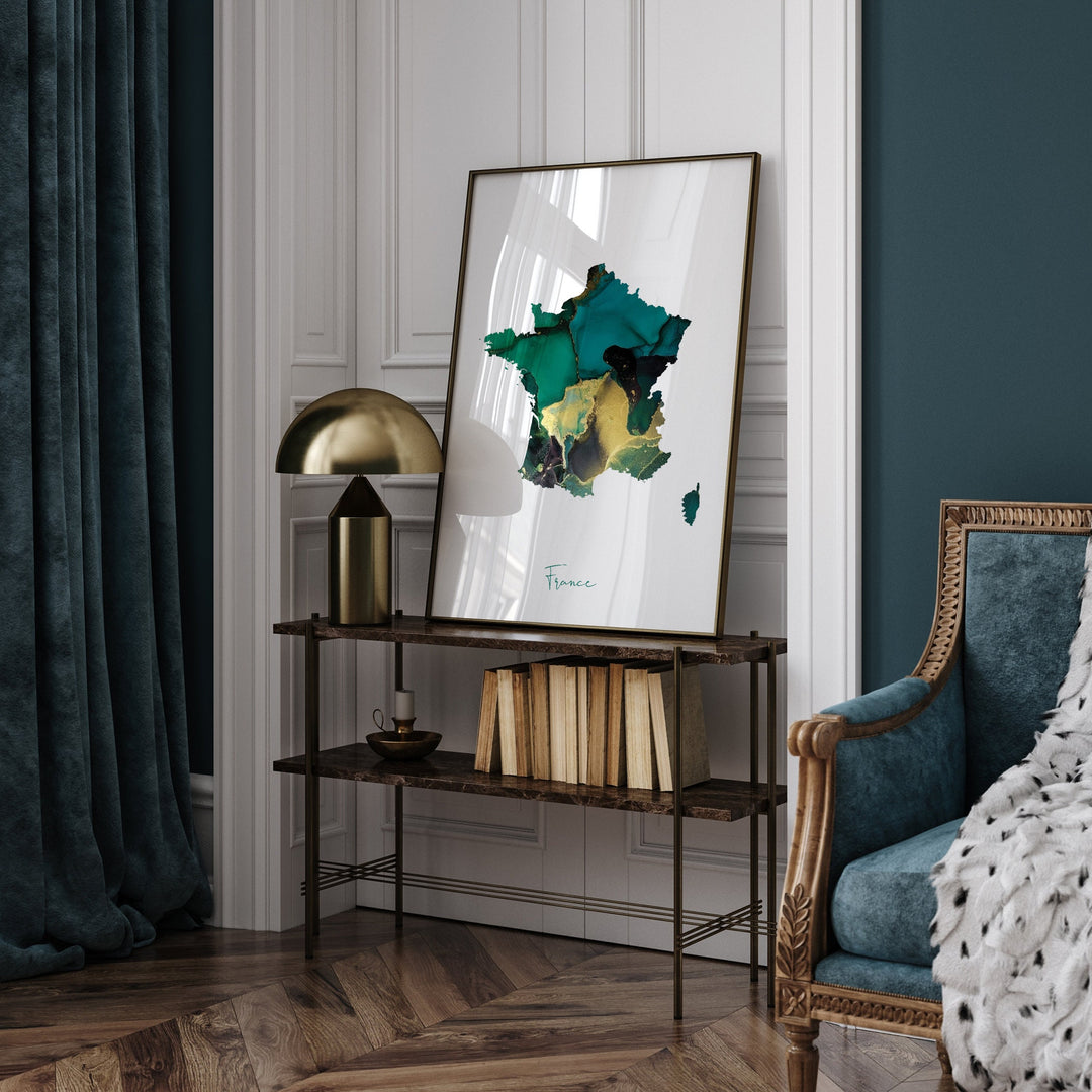 France Map Emerald Green and Gold Wall Art Print