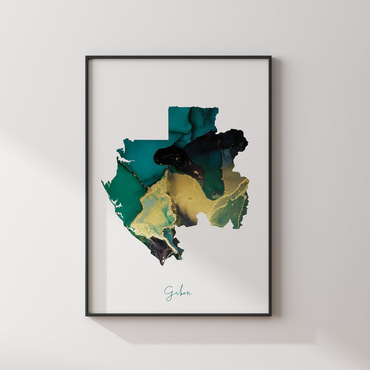 Gabon Map Emerald Green and Gold Wall Art Print