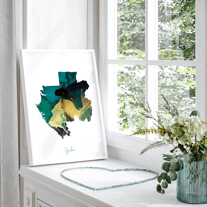 Gabon Map Emerald Green and Gold Wall Art Print
